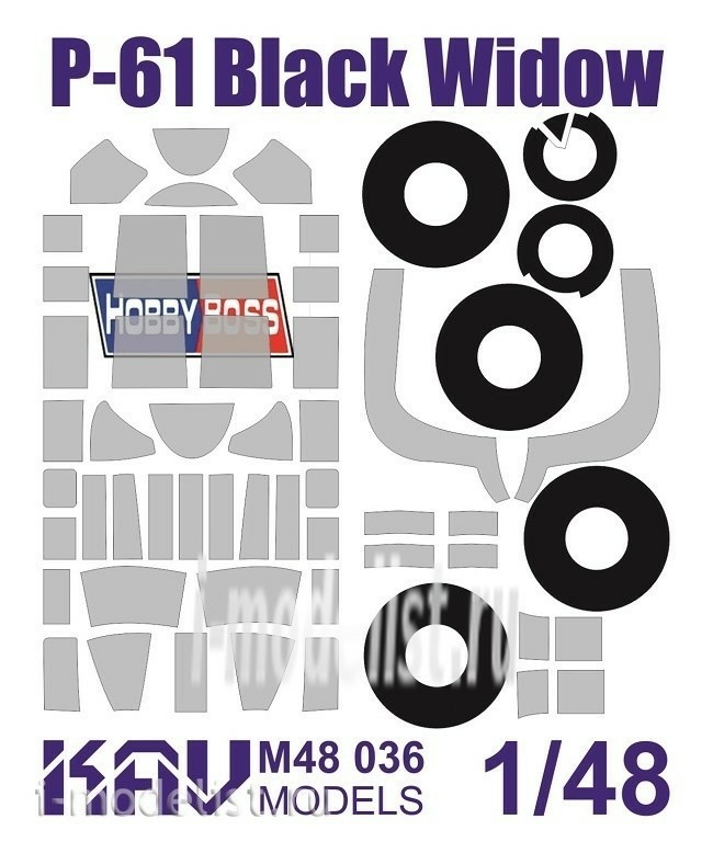 M48 036 KAV models 1/48 Окрасочная маска для всех модификаций P-61 Black Widow производства Hobby Boss. Маска для окраски остекления кабины и шасси.