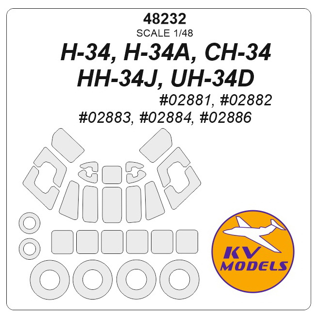 48232 KV Models 1/48 H-34, H-34A, CH-34, HH-34J, UH-34D (Трубач  #02881, #02882, #02883, #02884, #02886) + маски на диски и колеса