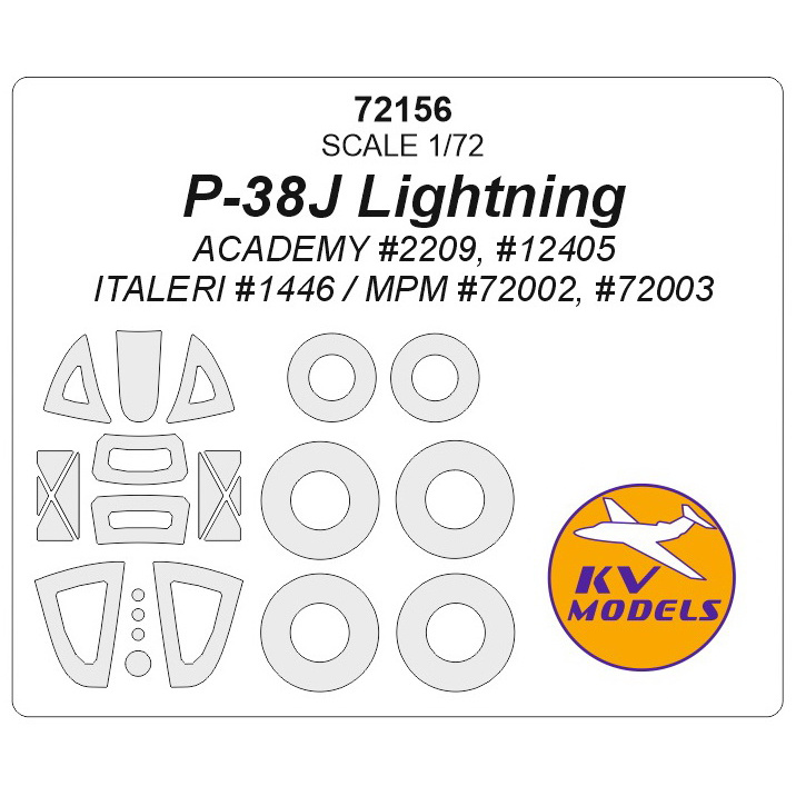 72156 KV Models 1/72 Маска окрасочная для  P-38J Lightning + маски на диски и колеса