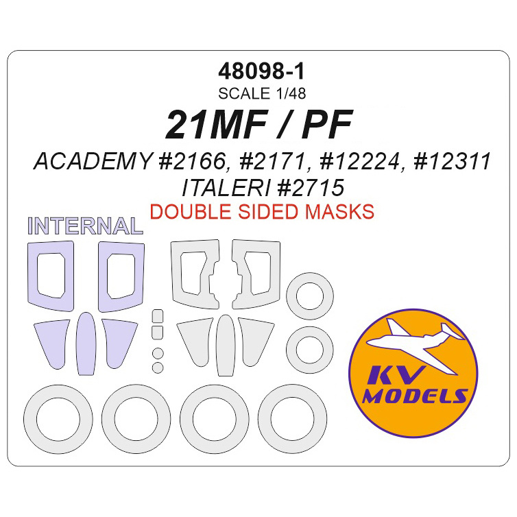 48098-1 KV Models 1/48 MiGG-21МФ / ПФ (ACADEMY #2166, #2171, #12224, #12311 / ITALERI #2715) - (Двусторонние маски) + маски на диски и колеса