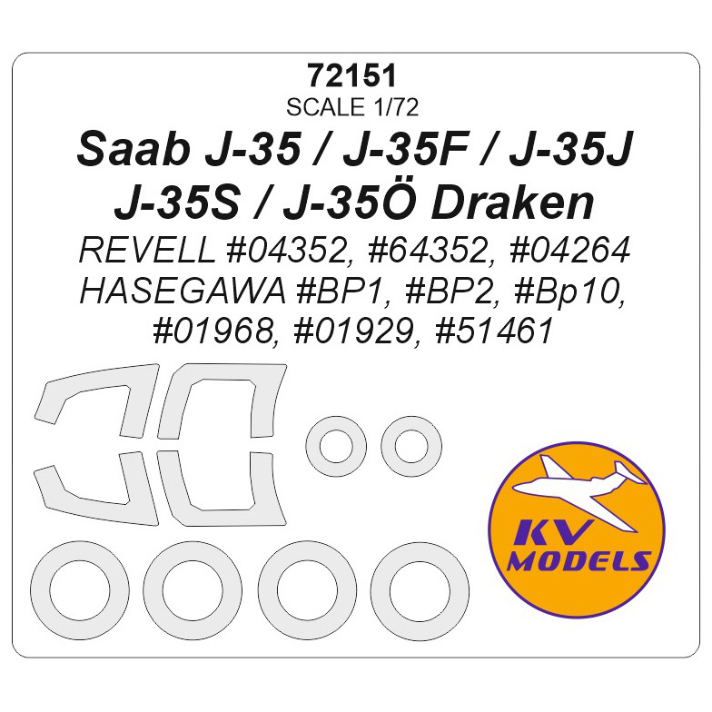 72151 KV Models 1/72 Маска окрасочная для Saab J-35 / J-35F / J-35J / J-35S / J-35Ö Draken + маски на диски и колеса
