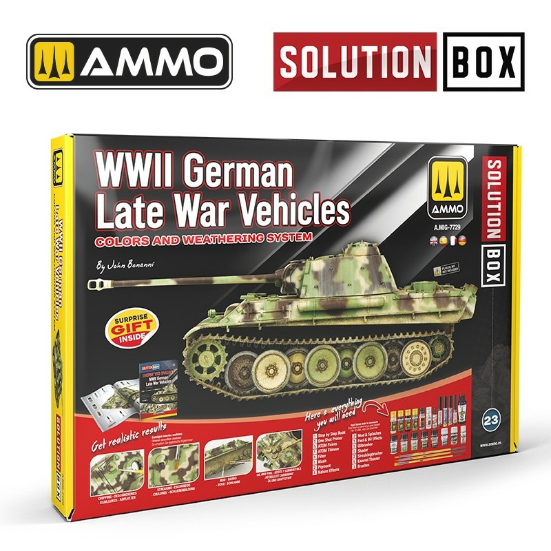 AMIG7729 Ammo Mig Набор красок SOLUTION BOX 23 – Немецкая техника времен Второй мировой войны. Цвета и система везеринга / WWII German Late War Vehicles. Colors and Weathering System