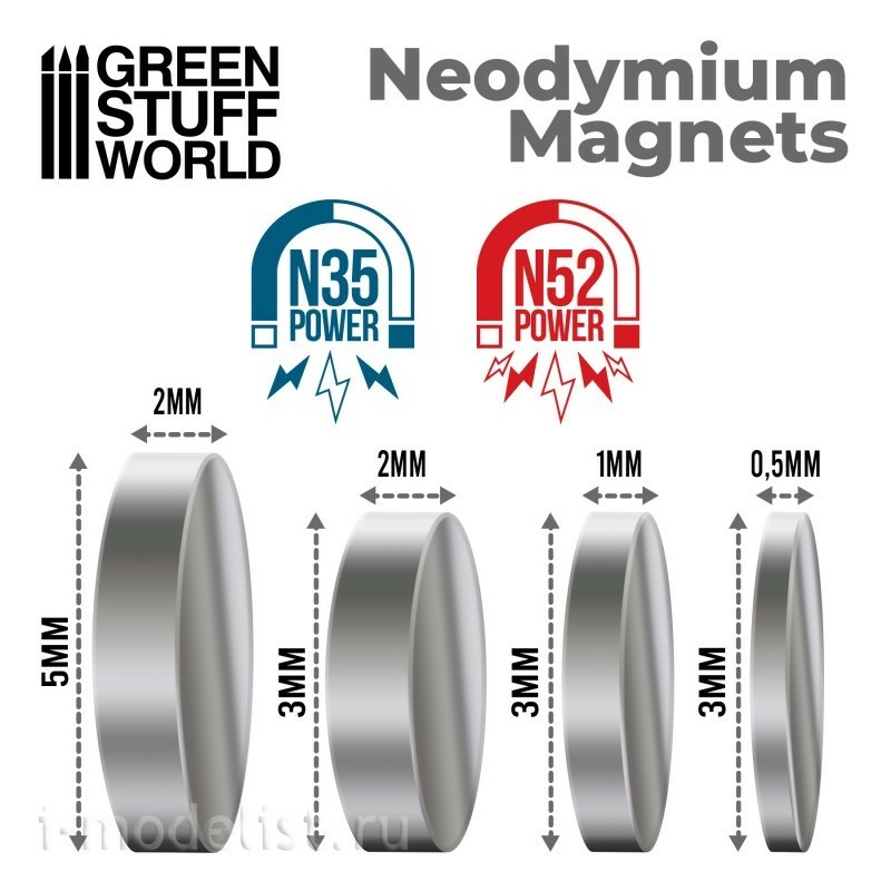 9052 Green Stuff World Неодимовые магниты 3 x 1 мм (50 шт.) (N35) / Neodymium Magnets 3x1mm - 50 units (N35)