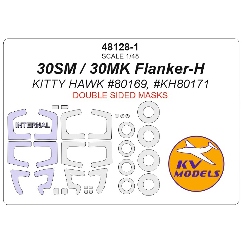 48128-1 KV Models 1/48 Суххой-30СМ / -30МК Flanker-H (KITTY HAWK #80169, #KH80171) - (Двусторонние маски) + маски на диски и колеса