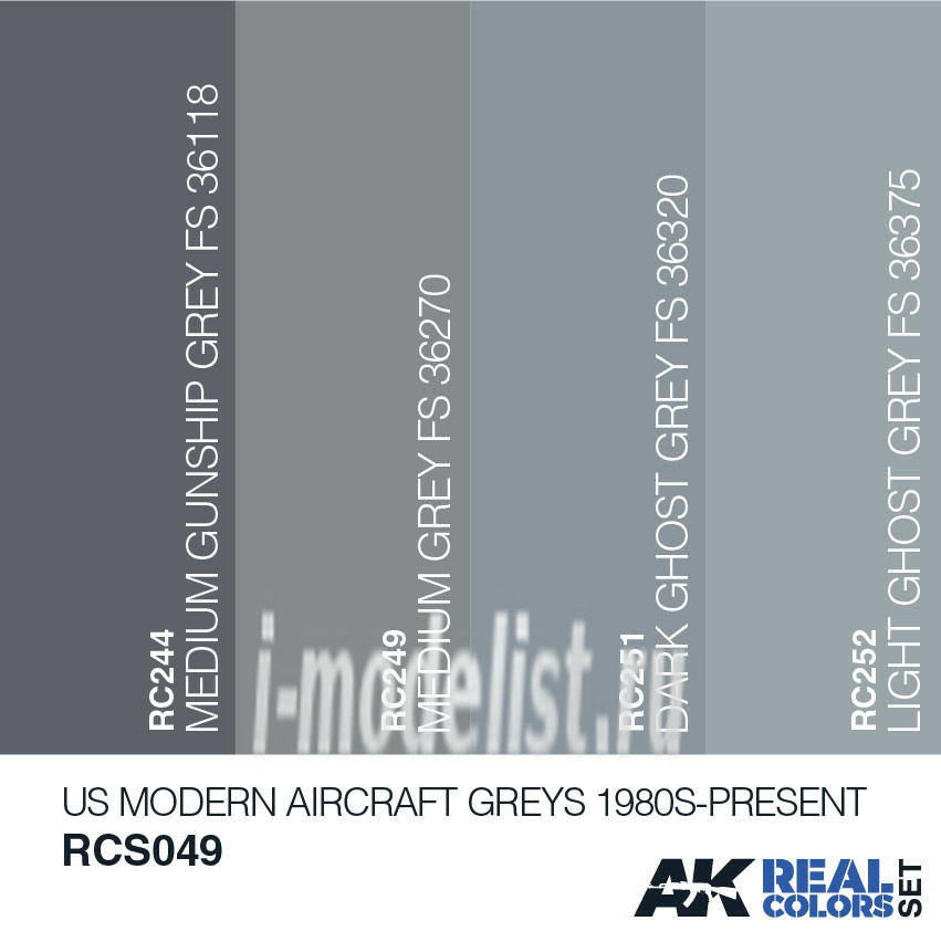 RCS049 AK Interactive Набор реалистичных красок US MODERN AIRCRAFT GREYS 1980S-PRESENT