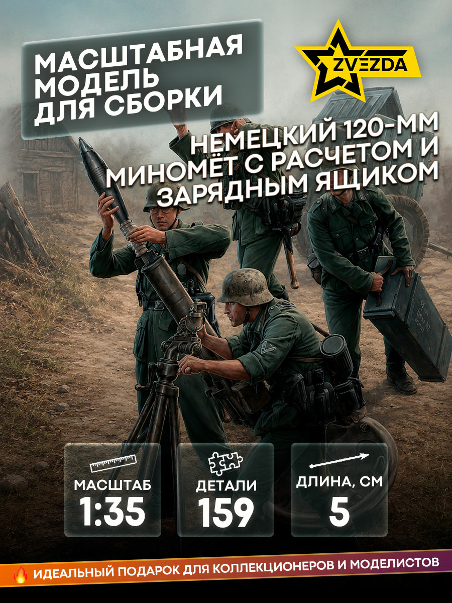 3583 Звезда 1/35 Немецкий 120-мм миномёт с расчетом и зарядным ящиком