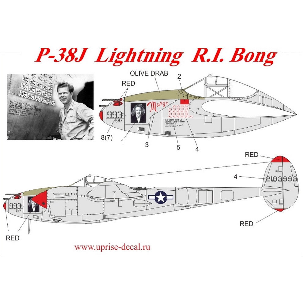 UR4843 UpRise 1/48 Декали для P-38J Lightning R.I. Bong, с тех. надписями