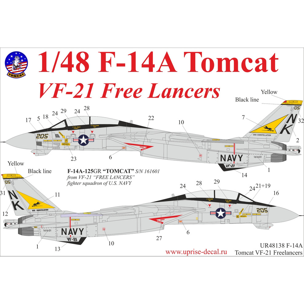 UR72138 UpRise 1/72 Декали для F-14A Tomcat VF-21 Lancer, тех. надписи