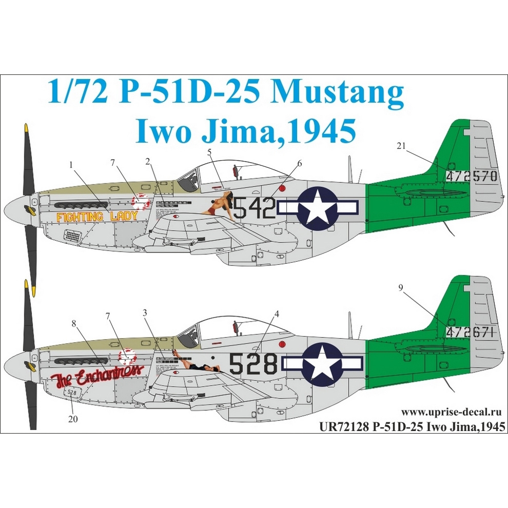 UR72128 UpRise 1/72 Декали для P-51D-25 Mustang Iwo Jima, 1945, с тех. надписями