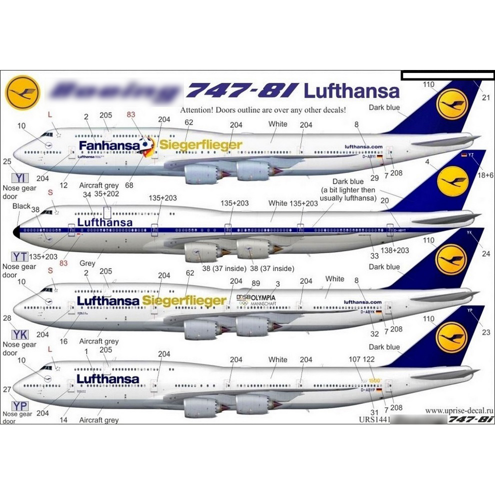 URS1441 UpRise 1/144 Декаль для авиалайнера 747-8i Old Lufthansa with Retro с тех. надписями и маской