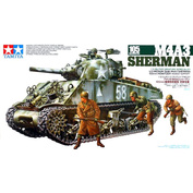 35251 Tamiya 1/35 M4A3 Sherman American tank with 105mm howitzer, late 1944. The set includes three figures and three variants of decals.