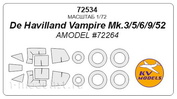 72534 KV Models 1/72 DH.100 Vampire Mk.3 / 5 / 6 / 9 / 52  + маски на диски и колеса