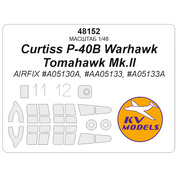 48152 KV Models 1/48 Окрасочная маска для Curtiss P-40B Warhawk / Tomahawk Mk.II (AIRFIX #A05130A, #AA05133, #A05133A) + маски на диски и колеса