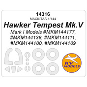 14316 KV Models 1/144 Окрасочная маска для Hawker Tempest Mk.V (Mark I Models #MKM144177,#MKM144138, #MKM144111, #MKM144100, #MKM144109) + wheels masks