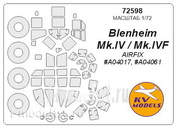 72598 KV Models 1/72 Набор окрасочных масок для самолета Bristol Blenheim Mk.IV + маски на диски и колеса
