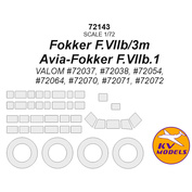 72143 KV Models 1/72 Окрасочная маска для Fokker F.VIIb/3m / Avia-Fokker F.VIIb.1 + маски на диски и колеса