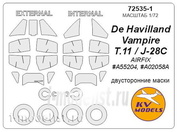 72535-1 KV Models 1/72 Набор окрасочных масок для остекления модели De Havilland Vampire T.11 (двусторонние маски) + маски на диски и колеса