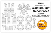 72688 KV Models 1/72 Набор окрасочных масок Boulton Paul Defiant Mk.I + маски на диски и колеса (для модели выпуска 2015 года)