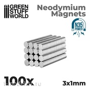 9061 Green Stuff World Neodymium Magnets 3 x 1 mm (100 pcs) (N35) / Neodymium Magnets 3x1mm - 100 units (N35)
