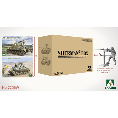 2205W Takom 1/35 Набор Sherman Box: M4A1 (76w) HVSS + M1 Super Sherman + фигура члена экипажа танка армии США в 1/16 масштабе
