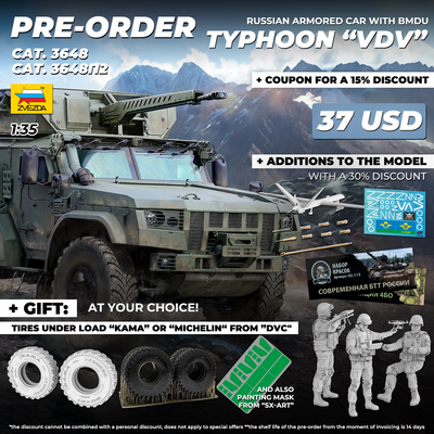 3648P2 Zvezda 1/35 Russian armored car Typhoon Airborne 4*4 K-4386 with BMDU + a set of Michelin tires (4 pcs.)