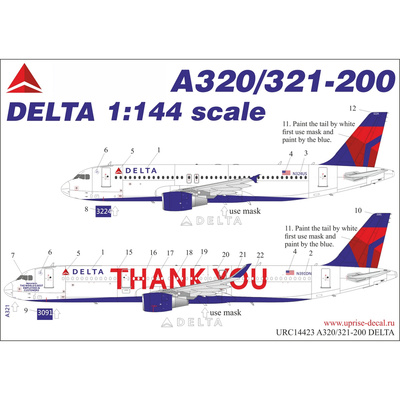 URC14423 UpRise 1/144 Декаль для A320/321-200 Delta