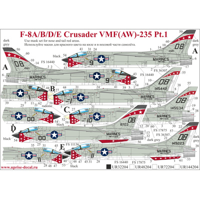 UR32204 UpRise 1/32 Декаль для F-8A/B/D/E Crusader VMF(AW)-235 с тех.напдисями, FFA (удаляемая лаковая подложка) 