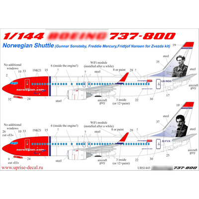 URS1443 UpRise 1/144 Декали для авиалайнера 737-800 Norwegian Shuttle LN-NGG (Gunnar Sonsteby) с тех. надписями
