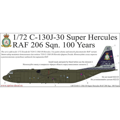 UR72168 Sunrise 1/72 Decals for C-130J-30 Super Hercules RAF 206 Sqn. 100 Years.