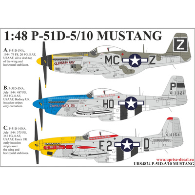 URS4824 UpRise 1/48 Декали для P-51D-5/10 MUSTANG with insignia, без тех. надписей