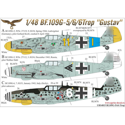 URS4815 Sunrise 1/48 Decal for Bf.109G-5/6/6 Trop without stencil + mask for the 