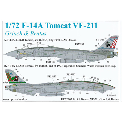 UR72202 UpRise 1/72 Декаль для F-14A Tomcat VF-211 Grinch & Brutus