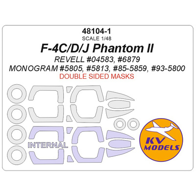 48104-1 KV Models 1/48 F-4C/D/J Phantom II (REVELL #04583, #6879 / Monogram #5805, #5813, #85-5859, #93-5800) - (Двусторонние маски)  + маски на диски и колеса
