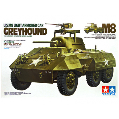 35228 Tamiya 1/35 U.S. M8 Light Armored Car Greyhound Американский Бтр 1943г. с деталями внутреннего интерьера и одной фигурой.