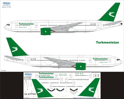 772-007 Ascensio 1/144 Декаль на самолет боенг 777-200 (Turkmenistan) 