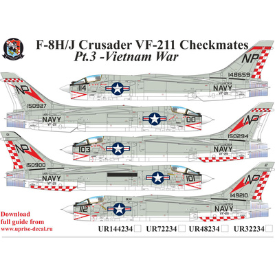 UR48234 Sunrise 1/48 Decal for F-8H/J Crusader VF-211 Checkmates Pt.2, since then. inscriptions, FFA (removable lacquer substrate)	